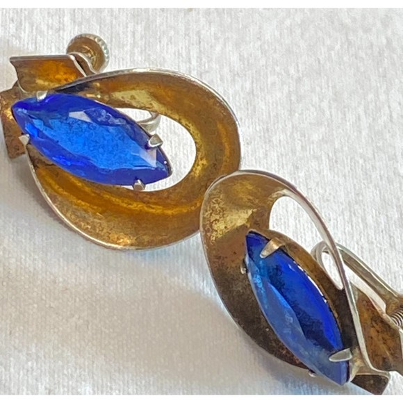 Sterling Silver Earrings Central Clear Blue Faceted Marquise Stone - Picture 3 of 11